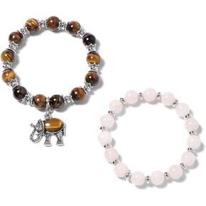 SHOP LC DELIVERING JOY Tiger's Eye Elephant Charm and Rose Quartz Beaded Stretchable Bracelet for Women Set of 2 Valentines Day Gifts for Women