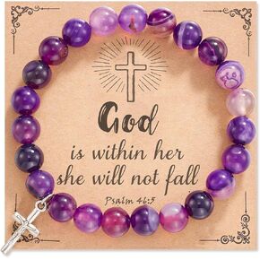Cross Rosary Beads Bracelet: Religious Prayer Natural Agate Beads Stretch Bracelet Jewelry Inspirational Gifts To Women Friends