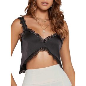 SOLY HUX Women's Lace Trim Satin Cami Top Asymmetrical Hem Crop Tops