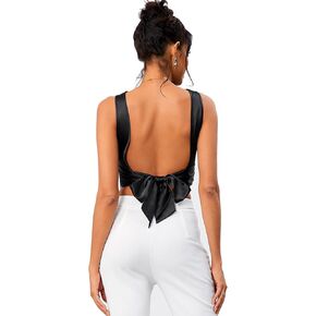 OYOANGLE Women's Satin Crop Top Bowknot Backless Sleeveless Ruched Party Blouse Going Out