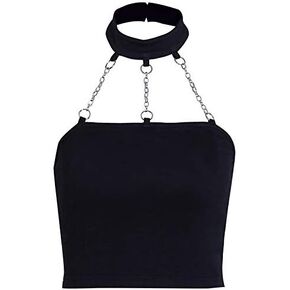 Dark Punk Crop Top with Chains Women Punk Solid Backless Sleeveless Tops