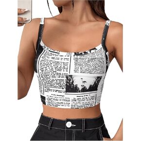 WDIRARA Women's Newspaper Graphic Print Sleeveless Crop Cami Tops