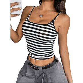 Women's Striped Print Scoop Neck Cami Tops Sleeveless Slim Fit Color Block Trendy Top