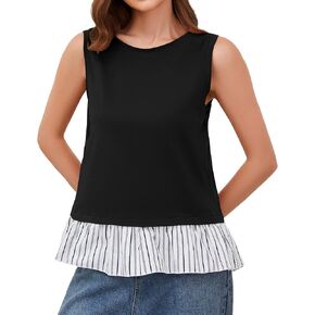 MISSACTIVER Women Striped Sleeveless Tank Top Patchwork Ruffled Hem Open Back Cami Shirts Round Neck Casual Summer Going Out