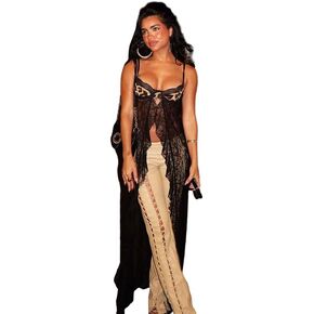 Suillty Women's Leopard Spaghetti Strap Mesh Lace Long Tank Tops Sexy Backless Maxi Dress Tops Camisole for Party Club