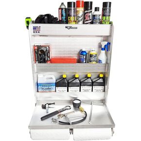 Pit Posse 445 Trailer Door Cabinet Organizer Senior Work Station Storage - Made in USA - Flip Out Work Tray Spring Loaded Paper Towel Tensioner Aluminum Garage Bike Shop 25 x 6 x 30 (Silver)