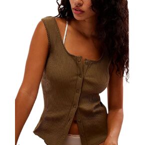KMBANGI Womens Ribbed Button Tank Top Scoop Neck Lace Trim Fitted Tee Tops Sleeveless Y2k Button Up Open Front Vest