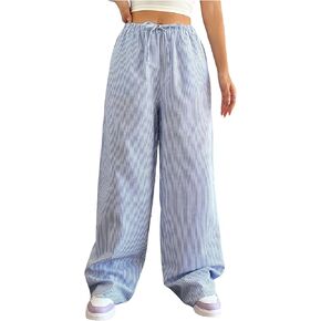 Women's Straight Wide Leg Trousers Striped Print Letter Loose Drawstring Tie High Waist Going Out Y2K Fashion Pants