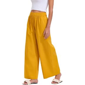 Les umes Womens Wide Leg Linen Trousers Elastic Waist Cotton Casual Loose Pants