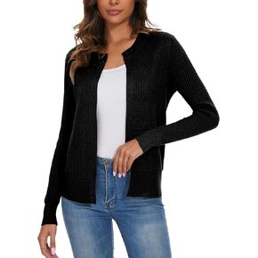 Women's Crew Neck Button Down Long Sleeve Waffle Cardigan Sweater