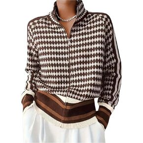SOLY HUX Cardigan Sweaters for Women Houndstooth Mock Neck Zip Up Long Sleeve Knit Cardigans