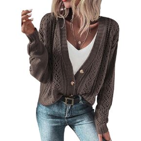 SHEWIN Cardigan Sweaters for Women Lightweight Long Sleeve Cable Knit Open Front Button Down Crochet Cardigans Sweater