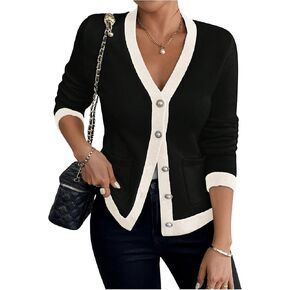 Verdusa Women's Button Front Colorblock Cardigan Sweaters V Neck Long Sleeve Knit Outwear with Pockets