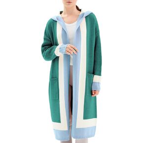 Women Long Cardigan - Chunky Sweater Womens Oversized Knit Cardigans, Color Block Hooded Sweaters Fall Fashion