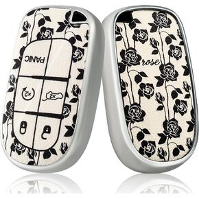TPU and Leather Key Fob Cover Full Protection Suitable for Dodge,Key Cover Case for Jeep Grand Cherokee Renegade Compass 3 4 5 Buttons (White Rose)