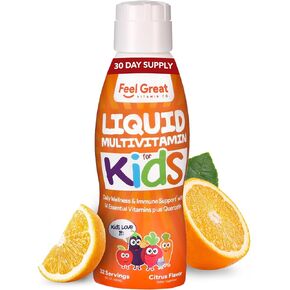 Feel Great Liquid Multivitamin for Kids | Orange Flavored Vegetarian & Sugar Free Kids Liquid Vitamin | Essential Kids Vitamins & Immune Support for Kids | 30 Day Supply
