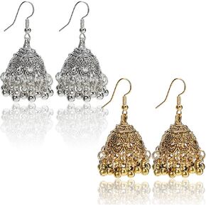 2 Pair Vintage Jhumkas Earrings for Women, Handmade Ethnic Antique Traditional Gold Plated Silver Earring - Small Indian Jhumki Jewelry Micro Earring Bell Tassel Drop Hanging Pendientes