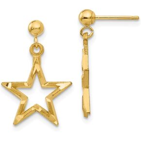 Solid 14k Yellow Gold and Diamond-Cut Star Dangle Studs Post Earrings - 21mm x 13mm