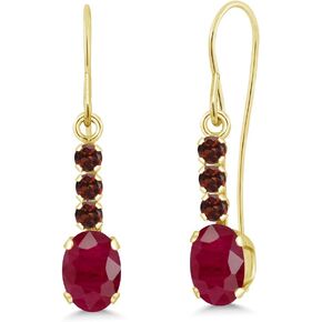 Gem Stone King 10K Yellow Gold Red Ruby and Red Garnet Drop Dangle Earrings For Women (1.44 Cttw, Gemstone July Birthstone, Oval 6X4MM)