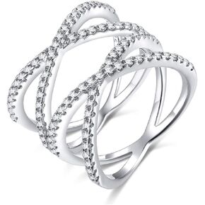 925 Sterling Silver Ring Double X Criss Cross Ring CZ Wedding Band Size 4-13