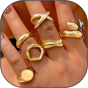 FUTIMELY 6 Pcs Gold Plated Stackable Ring Set for Women Irregular Silver Geometric Chunky Metal Knuckle Rings Adjustable Thumb Rings Jewelry Gifts