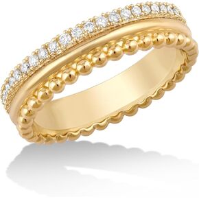 14K Gold or Platinum Plated Triple Stacked Bead Rimmed Band Ring for Women with Cubic Zirconia | Size 5 to 9