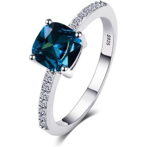 14k White Gold Plated Cushion Cut Birthstone Gemstones 925 Sterling Silver Stackable Solitaire Ring Blue Topaz Created Sapphire Ring For Women