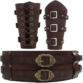 3Pcs Medieval Viking Wide Belt with Arm Guards Faux Leather Armor Belt Knight Corset Belt for LARP Christmas Gifts Costume