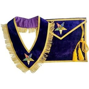 Masonic Master Mason OES Hand Embriodered Worthy Patron Matron Apron Purple With OES Star embelished and Collar Set, standard