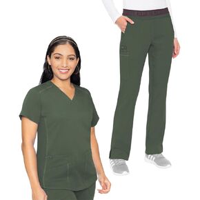 Med Couture Scrub Set for Women, 11 Pockets with V-Neck Scrub Top MC7459 and Comfortable Scrub Pants, MC7739, Olive - M Top/M Tall Pant