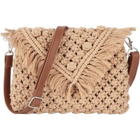 Women Crochet Fringed Shoulder Bag Cotton Tassel Crossbody Bag Hippie Beach Purse