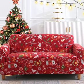 DJY Christmas Printed Couch Cover, Soft Stretch Red Christmas Theme Sofa Slipcover for 2 Cushion Couch - Universal Loveseat/Santa Claus