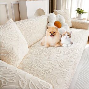 Pet Couch Covers for Sofa, Boho 3D Floral Couch Protector for Dogs with 2 Pillow Covers 18x18, Soft Comfy Washable Plush Sofa Mat Pet Bed Couch Slipcover (Cream White,L)