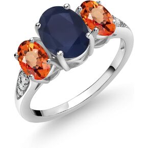 Gem Stone King 10K White Gold Blue Sapphire Orange Sapphire and White Lab Grown Diamond 3 Stone Engagement Ring For Women (2.94 Cttw, Gemstone Birthstone, Available In Size 5, 6, 7, 8, 9)