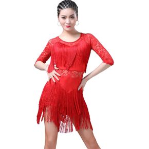 Women Fringed Sexy Ballroom Costume Lace Round Neck Half Sleeve Tango Salsa Latin Dance Dress with Shorts (Red, Large)