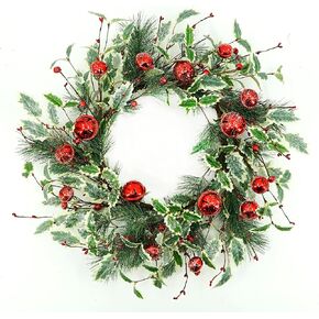 Artificial Christmas Wreath Winter Wreath with Holly Leaves,Red Bell for Front Door Indoor Outdoor Farmhouse Wall Holiday Decor