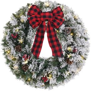 Christmas Wreath for Front Door, DECSPAS 24 Inch 2 FT Prelit Snowy Flocked Christmas Wreaths with Timer 30 LED Lights Bow Red Berries Pine Cones, Christmas Door Decorations for Home Outdoor Indoor