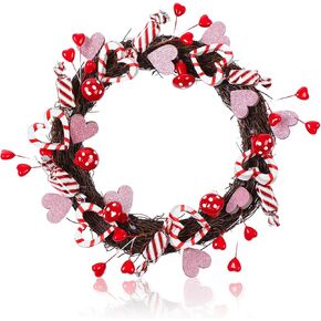 Dingion 16 In Valentine's Day Wreath Red and White Candies and Hearts Valentine's Day Wreath Red and Pink Glitter Peppermint Candy Wreath for Front Door Window Valentine and Wedding Decor