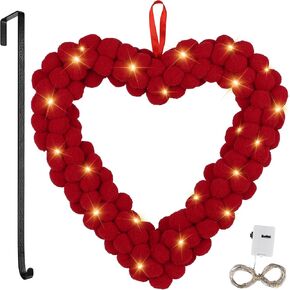 ANVAVO Red Valentine‘s Day Felt Pom Pom Wreath with LED Lights Metal Wreath Hanger 13 Inch Valentine Heart Wreath Felt Heart Ball Wreath for Valentine's Day Wedding Party Home Decoration