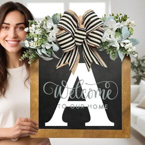 16" Personalized Welcome Sign for Front Door, Last Name Wreaths for Front Door, 26 Initial Front Door Decor, Year Round Wreath, Pine Wooden Home Decor, Housewarming Gifts, (T)