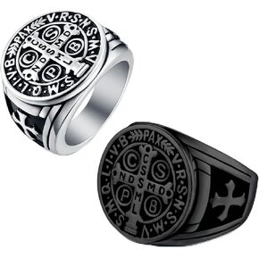 LAOYOU 2Pcs Saint Benedict Pack St. Benedict Ring and Medal Necklace for Men Stainless Steel Ghost Hunter Christian Catholic Protection Amulet Jewelry Gift for Men Teen Black/Silver