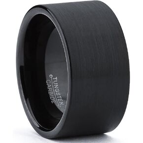 Tungsten Carbide Men's Flat Top Black Brushed Ring Band, 12 mm Comfort Fit Sizes 8 to 15
