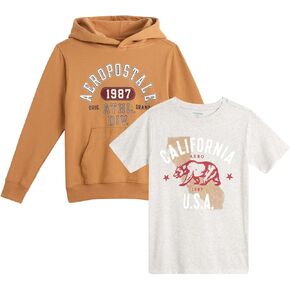طقم هودي وتي شيرت من AEROPOSTALE - سويت شيرت بغطاء للرأس مكون من قطعتين وتي شيرت برسومات نشطة - قمصان رياضية للأولاد (8-16)