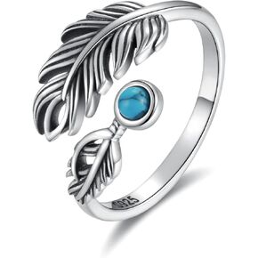 925 Sterling Silver Turquoise Feather Ring Adjustable Thumb Vintage Jewelry Gifts for Women