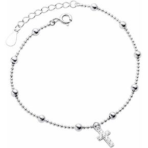 Cross Bracelet for Women 925 Sterling Silver Dainty Beaded Shiny Cross Pendant Bracelets Simple Trendy Cute Cross Charm Chain Bracelet Faith Jewelry Religious Minimalist Gifts for Teen Girls