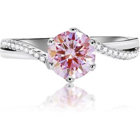 925 Sterling Silver 6-Prong Petite Twisted Vine 1 Carat Round D Color/Pink Moissanite Ladies Engagement Wedding Promise Bridal Ring