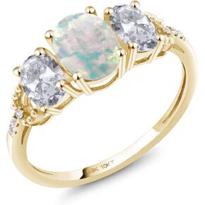 Gem Stone King 10K Yellow Gold Oval Cabochon White Simulated Opal White Topaz and Diamond 3-Stone Women Engagement Ring (2.22 Cttw, Available In Size 5, 6, 7, 8, 9)