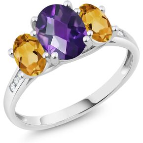 Gem Stone King 10K White Gold Purple Amethyst Yellow Citrine and White Diamond Oval 3-Stone Engagement Ring For Women (1.80 Cttw, Gemstone February Birthstone, Available In Size 5, 6, 7, 8, 9)
