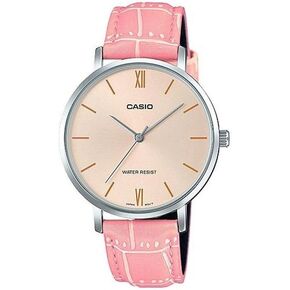 Casio LTP-VT01L-4B Women's Minimalistic Peach Dial Pink Leather Band Analog Watch