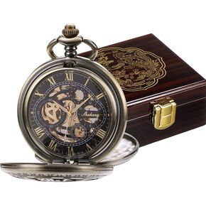 SIBOSUN Pocket Watch Skeleton Mechanical Double Case Hand-Wind Roman Numerals Antique Chain Mens